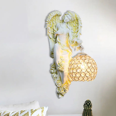 Vintage Faceted Crystal Sconce With Angel Resin Decor For Dining Room Wall Lighting In White/Gold