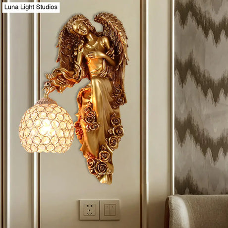 Vintage Faceted Crystal Sconce With Angel Resin Decor For Dining Room Wall Lighting In White/Gold
