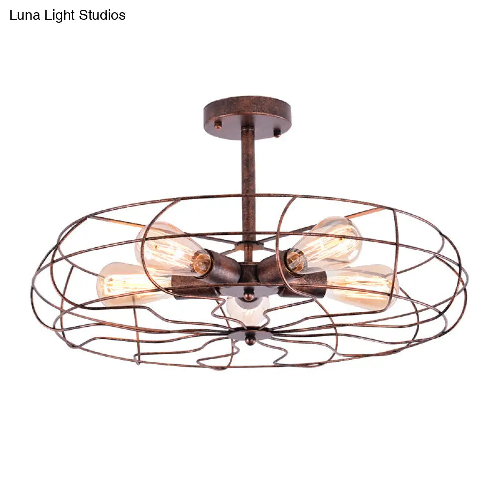 Vintage Fan Shaped 5-Light Iron Ceiling Light With Wire Cage Shade - Semi Flush Mount In Rust/Black