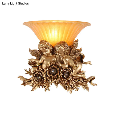 Vintage Flared Amber Glass Sconce Light With Double Angel Decoration - Hallway Wall Mount