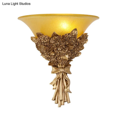 Vintage Flared Corridor Wall Sconce With Amber/White Glass And Blue/Gold Flower Accent