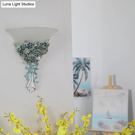 Vintage Flared Corridor Wall Sconce With Amber/White Glass And Blue/Gold Flower Accent