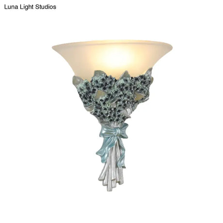 Vintage Flared Corridor Wall Sconce With Amber/White Glass And Blue/Gold Flower Accent