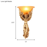 Vintage Flared Ribbed Glass Wall Lamp With Gold/White Angel Base - 1 Light Sconce