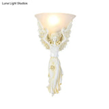 Vintage Flared Ribbed Glass Wall Lamp With Gold/White Angel Base - 1 Light Sconce