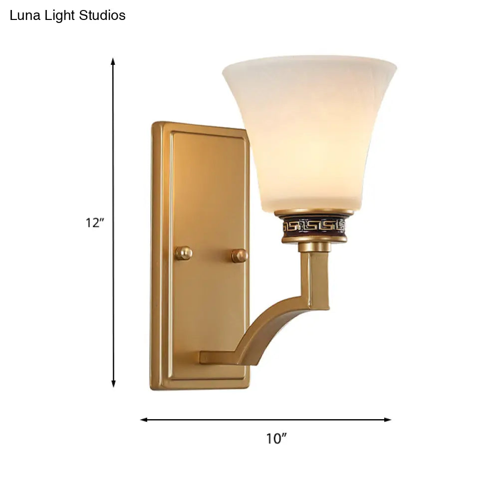 Vintage Flared Wall Sconce With White Glass And Gold Rectangle Backplate - Perfect For Foyer