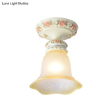 Vintage Floral Flush Ceiling Light With White Opaline Glass And Carving Pattern