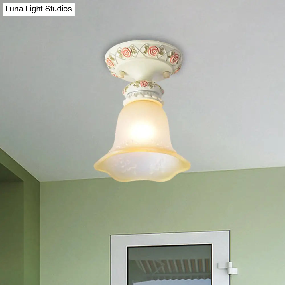 Vintage Floral Flush Ceiling Light With White Opaline Glass And Carving Pattern