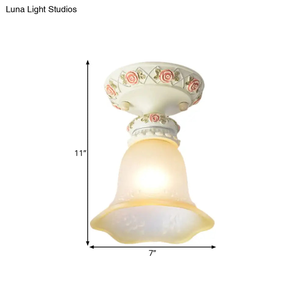 Vintage Floral Flush Ceiling Light With White Opaline Glass And Carving Pattern