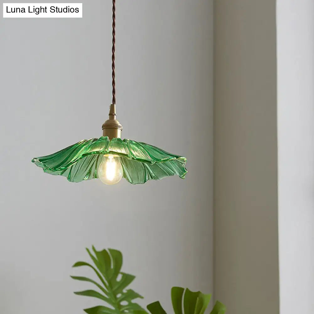 Vintage Floral Glass Pendant Light Fixture For Restaurants - Single Ruffled Design
