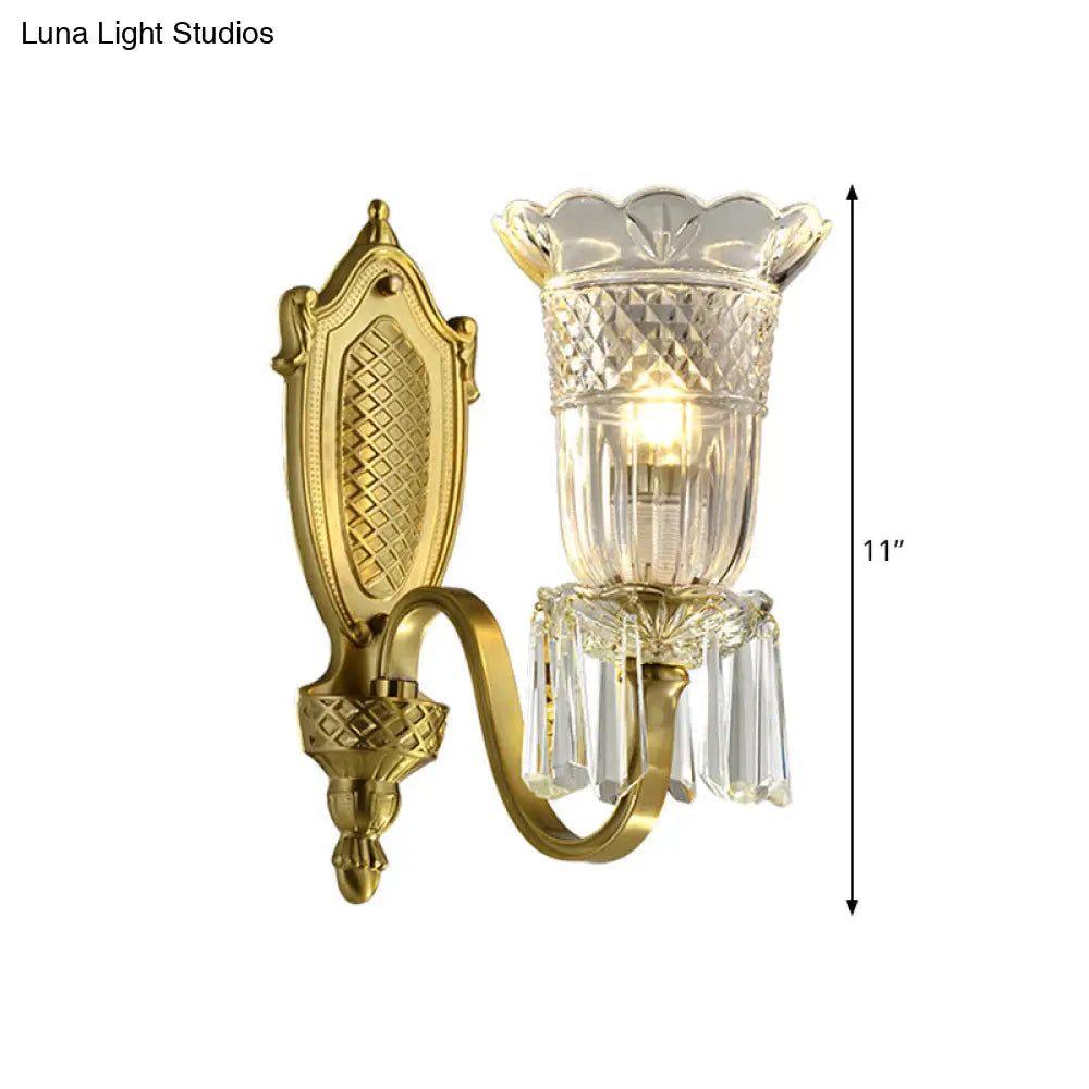 Vintage Floral Wall Light With Clear Crystal Glass Shade In Gold - 1 Mounted Lamp