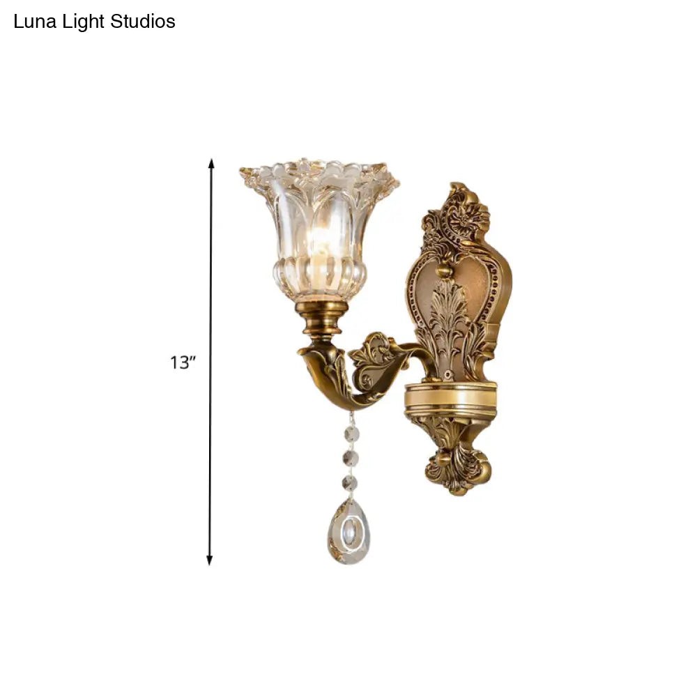 Vintage Floral Wall Sconce With Beveled Crystal Prism And Brass Finish