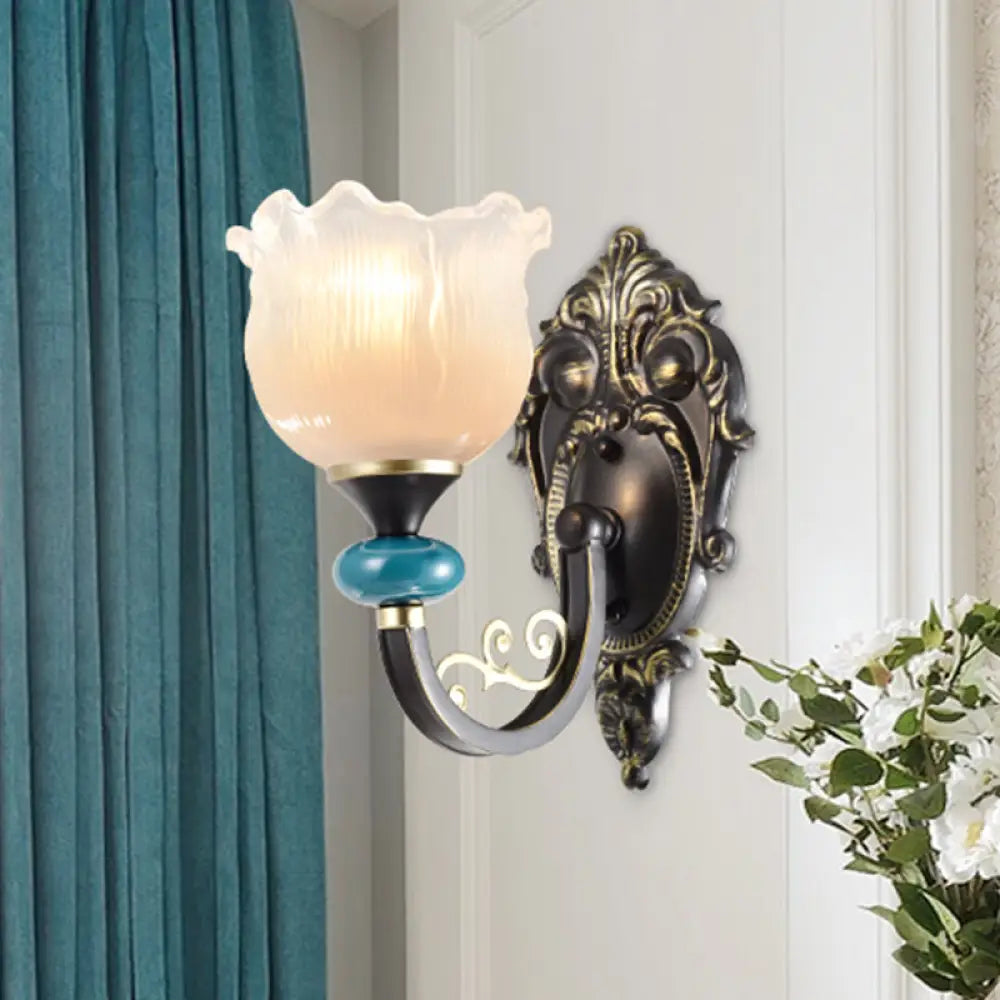 Vintage Floral Wall Sconce With Frosted Glass Shade - Bronze Metal Curvy Arm Bedroom Décor 1 /