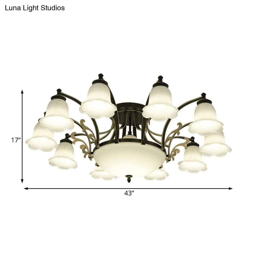 Vintage Floral White Glass Ceiling Lamp With 3/6/8 Lights For Dining Room - Semi Flush Mount In