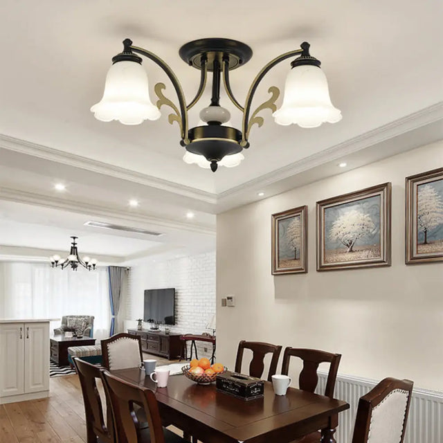 Vintage Floral White Glass Ceiling Lamp With 3/6/8 Lights For Dining Room - Semi Flush Mount In
