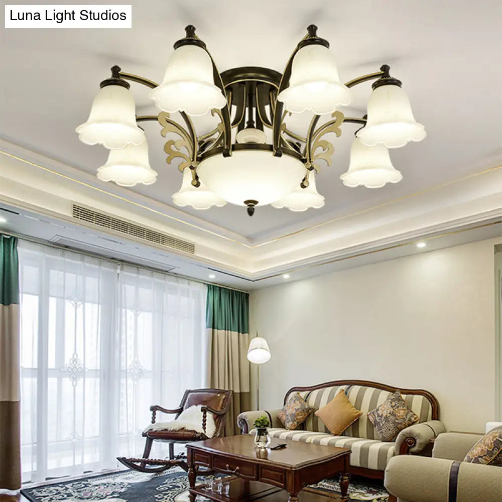 Vintage Floral White Glass Ceiling Lamp With 3/6/8 Lights For Dining Room - Semi Flush Mount In