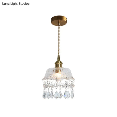 Vintage Flower Shaped Clear Glass Pendant Light With Teardrop Crystals Lighting