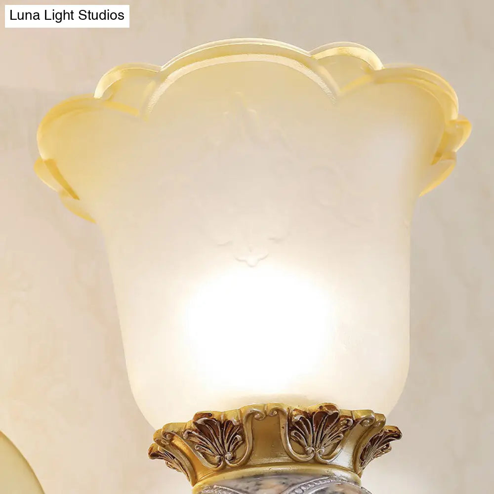 Vintage Flower Wall Light In Gold For Foyer - Frosted Glass Sconce With Metal Carved Arm