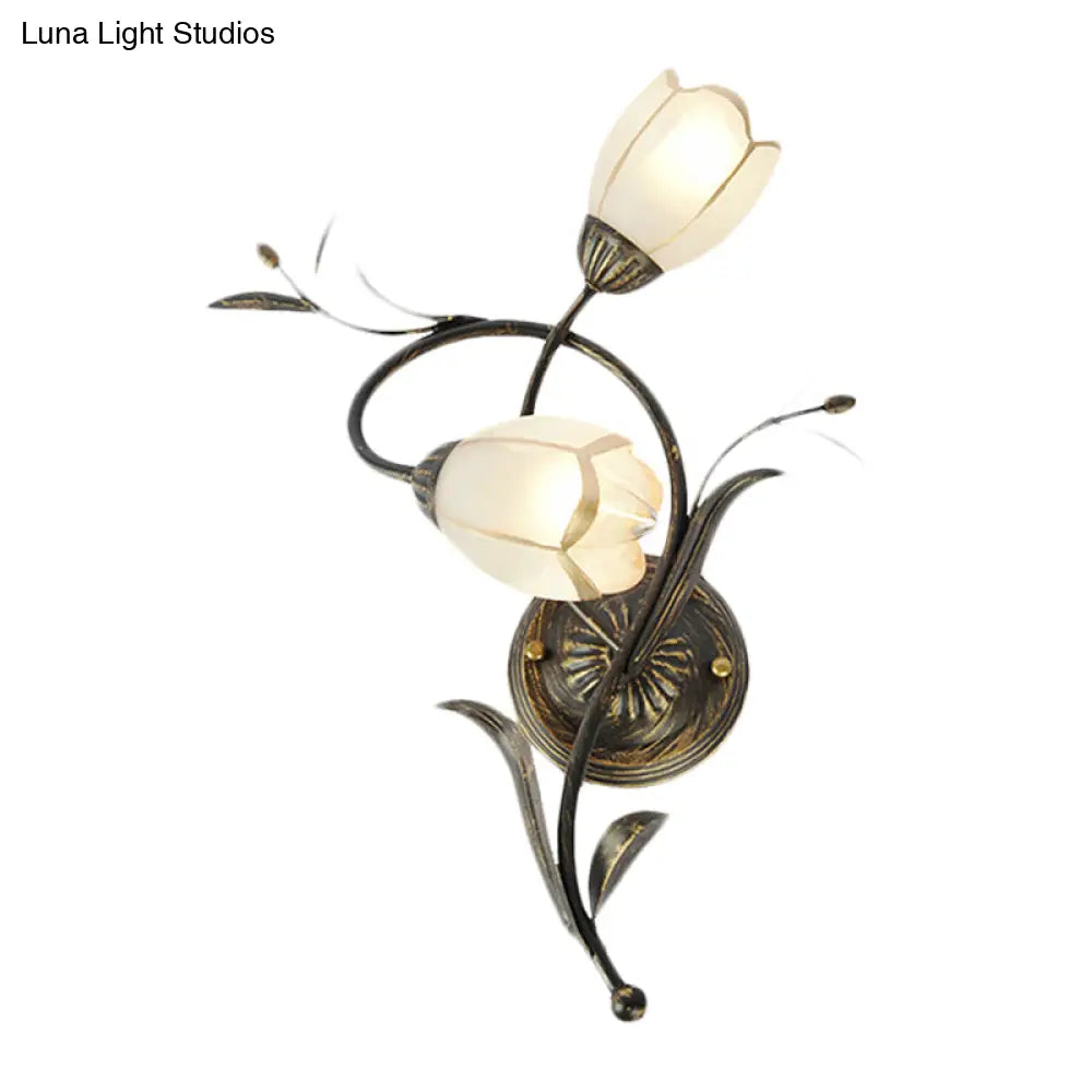Vintage Flower Wall Sconce Lighting - Bronze Frosted Glass Light Fixture For Living Room Right/Left
