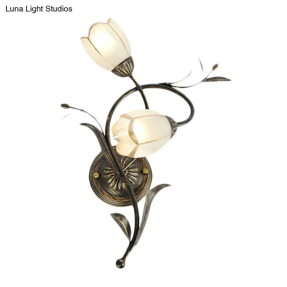 Vintage Flower Wall Sconce Lighting - Bronze Frosted Glass Light Fixture For Living Room Right/Left