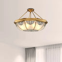 Vintage Frosted Glass Semi Mount Lighting With 4 Gold Lights - 16’/18’ Wide / 16’