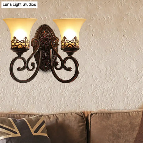 Vintage Frosted Glass Wall Sconce In Red Brown With Carved Backplate - Bedroom 1/2-Bulb Light