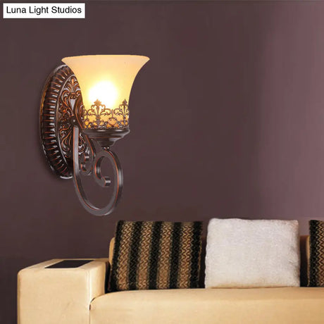 Vintage Frosted Glass Wall Sconce In Red Brown With Carved Backplate - Bedroom 1/2-Bulb Light
