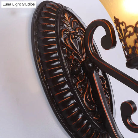 Vintage Frosted Glass Wall Sconce In Red Brown With Carved Backplate - Bedroom 1/2-Bulb Light