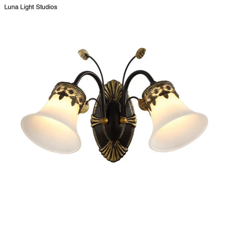 Vintage Frosted Glass Wall Sconce With Curved Arm - Black Bell 1/2-Light Fixture For Foyer