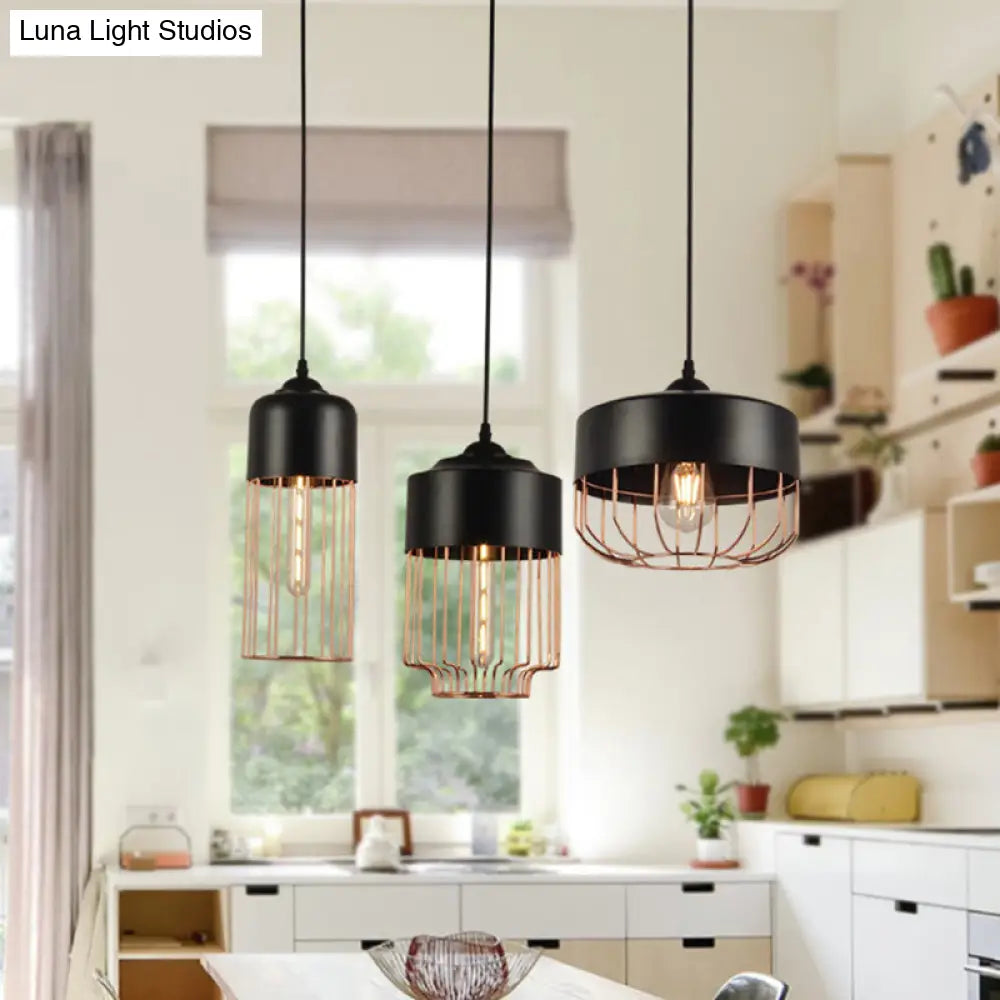Vintage Geometric Cage Pendant Light - Antique 1-Light Fixture For Dining Room Black