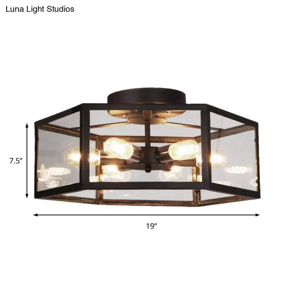 Vintage Geometric Clear Glass Ceiling Light With 6 Bulbs - Black Semi Flush Mount For Kitchen