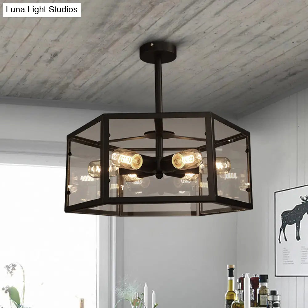 Vintage Geometric Clear Glass Ceiling Light With 6 Bulbs - Black Semi Flush Mount For Kitchen