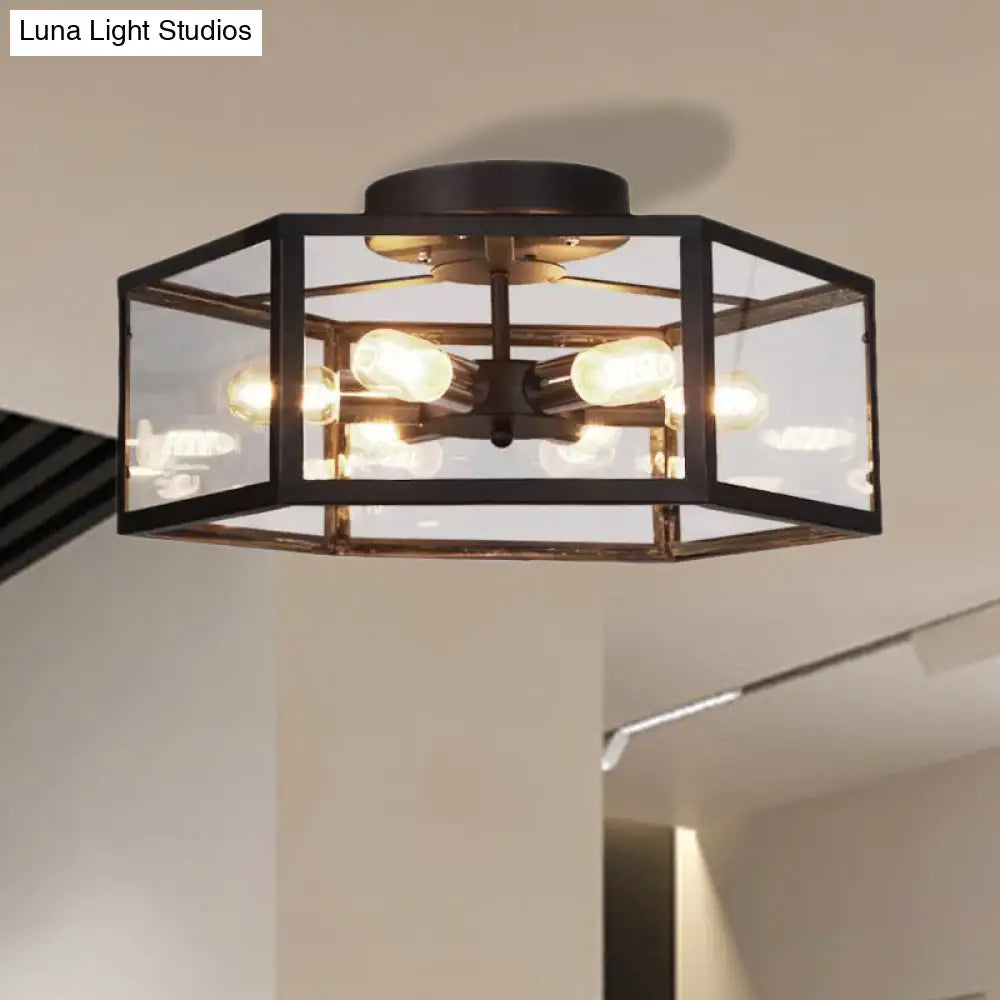 Vintage Geometric Clear Glass Ceiling Light With 6 Bulbs - Black Semi Flush Mount For Kitchen