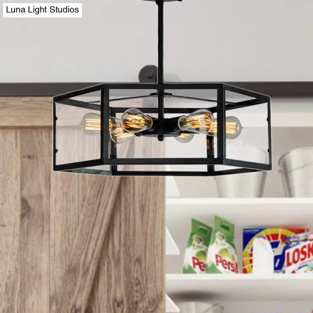 Vintage Geometric Clear Glass Ceiling Light With 6 Bulbs - Black Semi Flush Mount For Kitchen