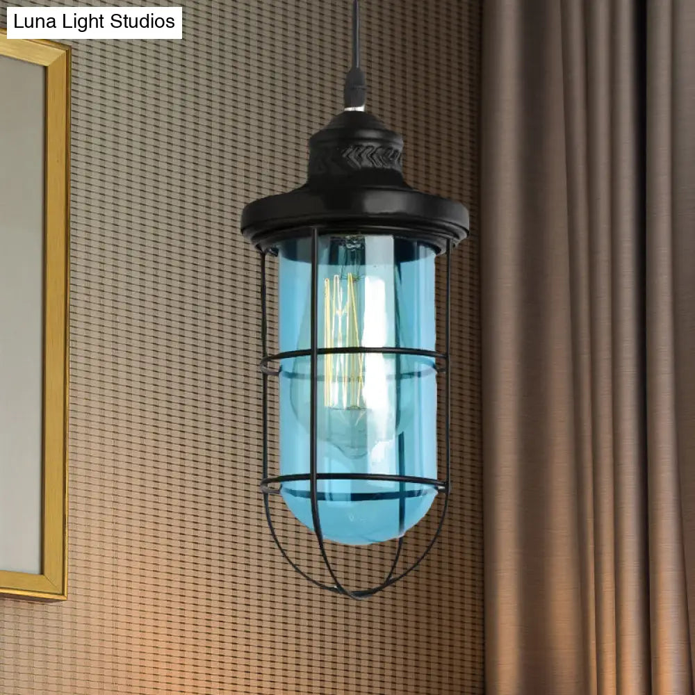 Vintage Glass Caged Pendant Light In Black - Single-Bulb Hanging Ceiling Fixture For Living Room