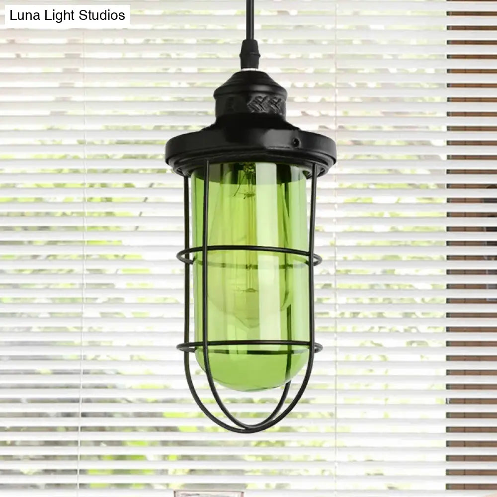 Vintage Glass Caged Pendant Light In Black - Single-Bulb Hanging Ceiling Fixture For Living Room