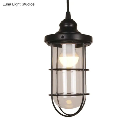 Vintage Glass Caged Pendant Light In Black - Single-Bulb Hanging Ceiling Fixture For Living Room