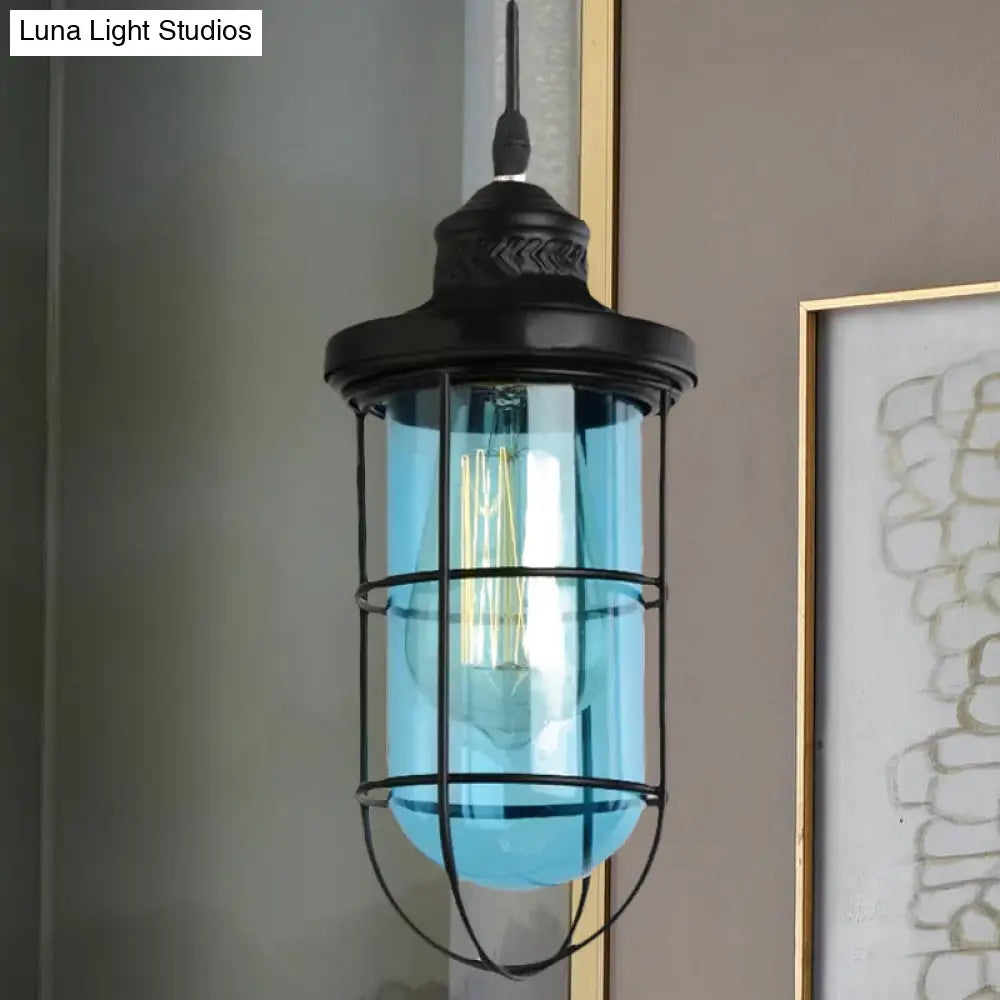 Vintage Glass Caged Pendant Light In Black - Single-Bulb Hanging Ceiling Fixture For Living Room