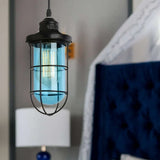 Vintage Glass Caged Pendant Light In Black - Single-Bulb Hanging Ceiling Fixture For Living Room