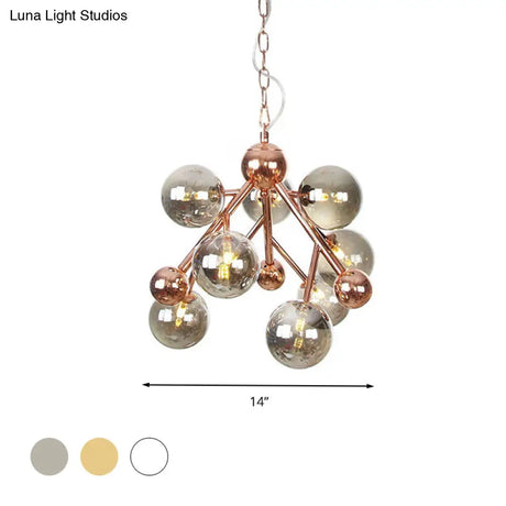 Vintage Glass Pendant Chandelier - 9 Globe Lights In Clear Amber & Smoke Gray For Indoor Lighting