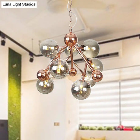 Vintage Glass Pendant Chandelier - 9 Globe Lights In Clear Amber & Smoke Gray For Indoor Lighting