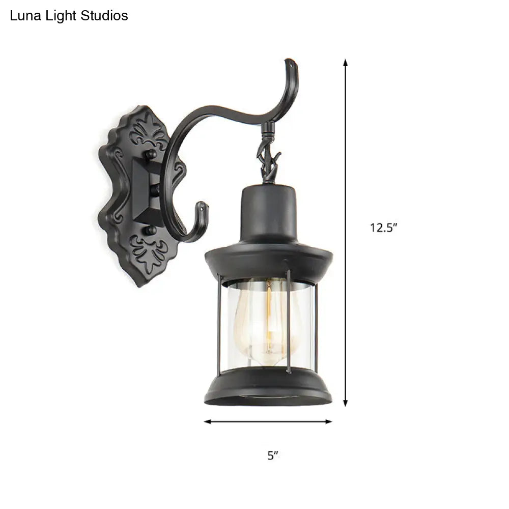 Vintage Glass Wall Mounted Lantern: Single Bulb Outdoor Sconce Light In Black With Carved Pattern