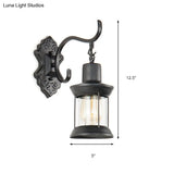 Vintage Glass Wall Mounted Lantern: Single Bulb Outdoor Sconce Light In Black With Carved Pattern