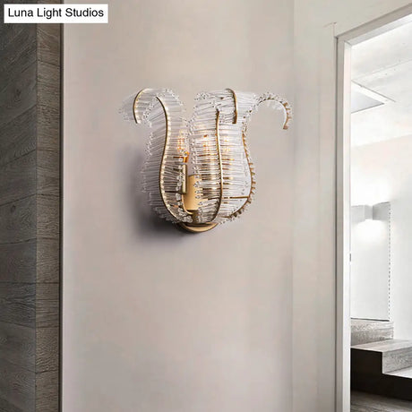 Vintage Gold Banana Leaf Crystal Rod Wall Light Fixture With 1/3 Lights - Corridor Sconce