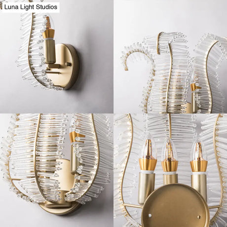 Vintage Gold Banana Leaf Crystal Rod Wall Light Fixture With 1/3 Lights - Corridor Sconce