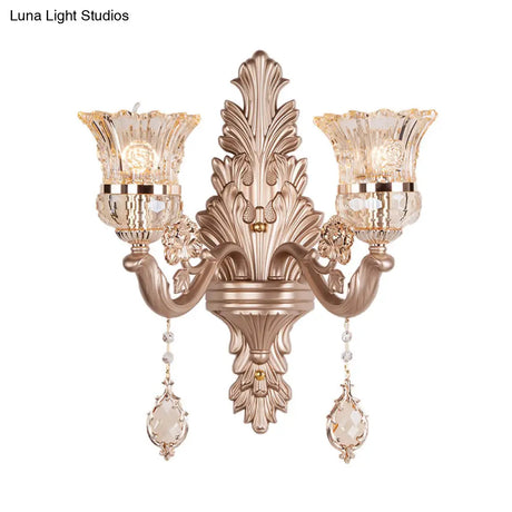 Vintage Gold Bell Wall Sconce Light Fixture With Clear Glass Shade And Crystal Decoration