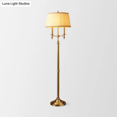 Vintage Gold Candelabra Floor Lamp With Pleated Empire Shade - 2 Bulbs Metallic Finish Perfect For