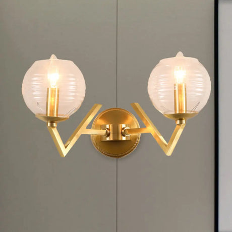 Vintage Gold Colonial Glass Sconce With Ribbed Texture And V-Shaped Metal Arm 2 /