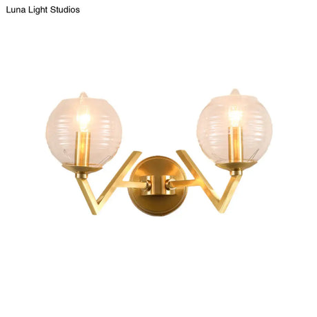 Vintage Gold Colonial Glass Sconce With Ribbed Texture And V-Shaped Metal Arm
