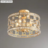 Vintage Gold Crystal Semi Flush Ceiling Light - Hollowed Drum Design 3/4 Heads Embedded Fixtures